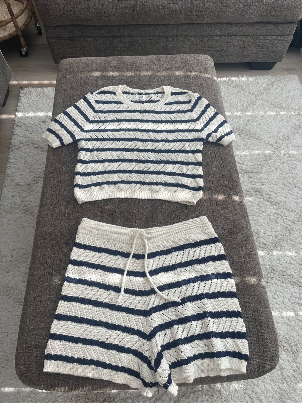 aerie White and Navy Striped Knit Shorts Set with top